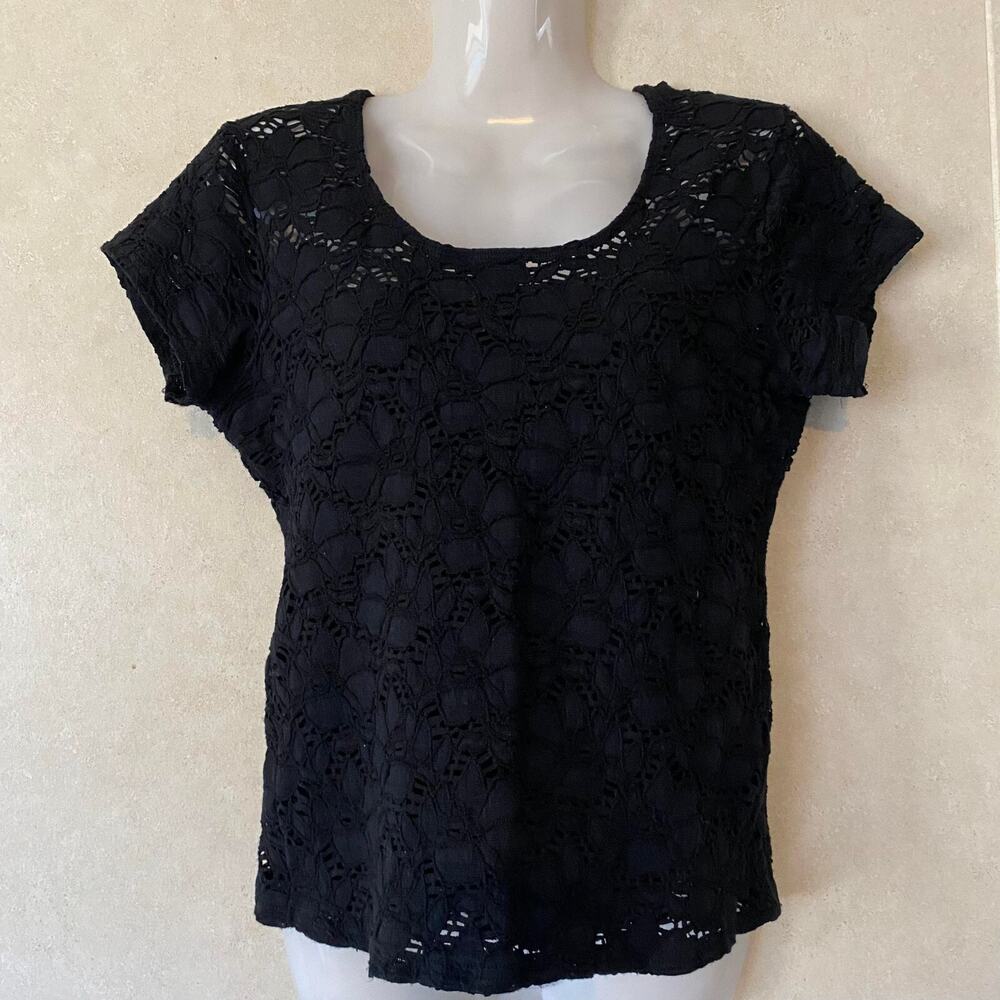 Wheels Lace Floral Curved Hem Short‎ Sleeve Semi See Through Blouse Black XL